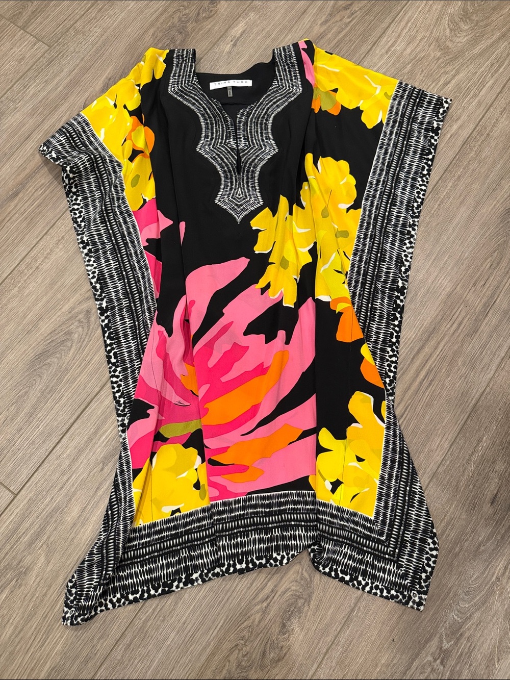 Trina Turk (Never Worn) 💯 Silk Black Tunic with Yellow & Hot Pink Floral Accents